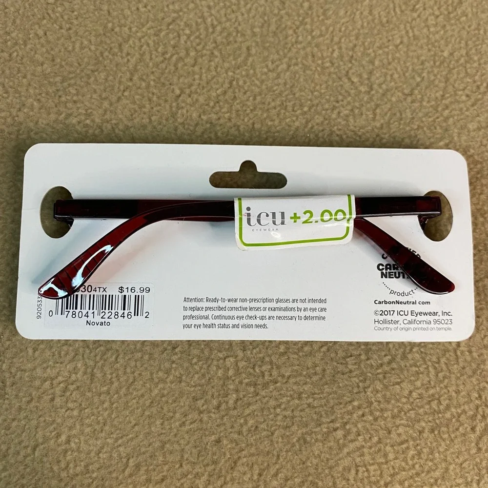 ICU Eyewear Novato Reading Glasses Burgundy Tortoise Rectangular +2.00 Strength‎